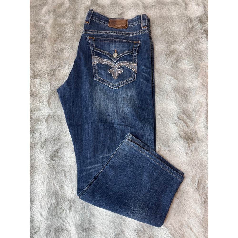 Rock Revival Ajay Straight Mens Jeans Dark Wash Embroidered Pockets Size 44-0593